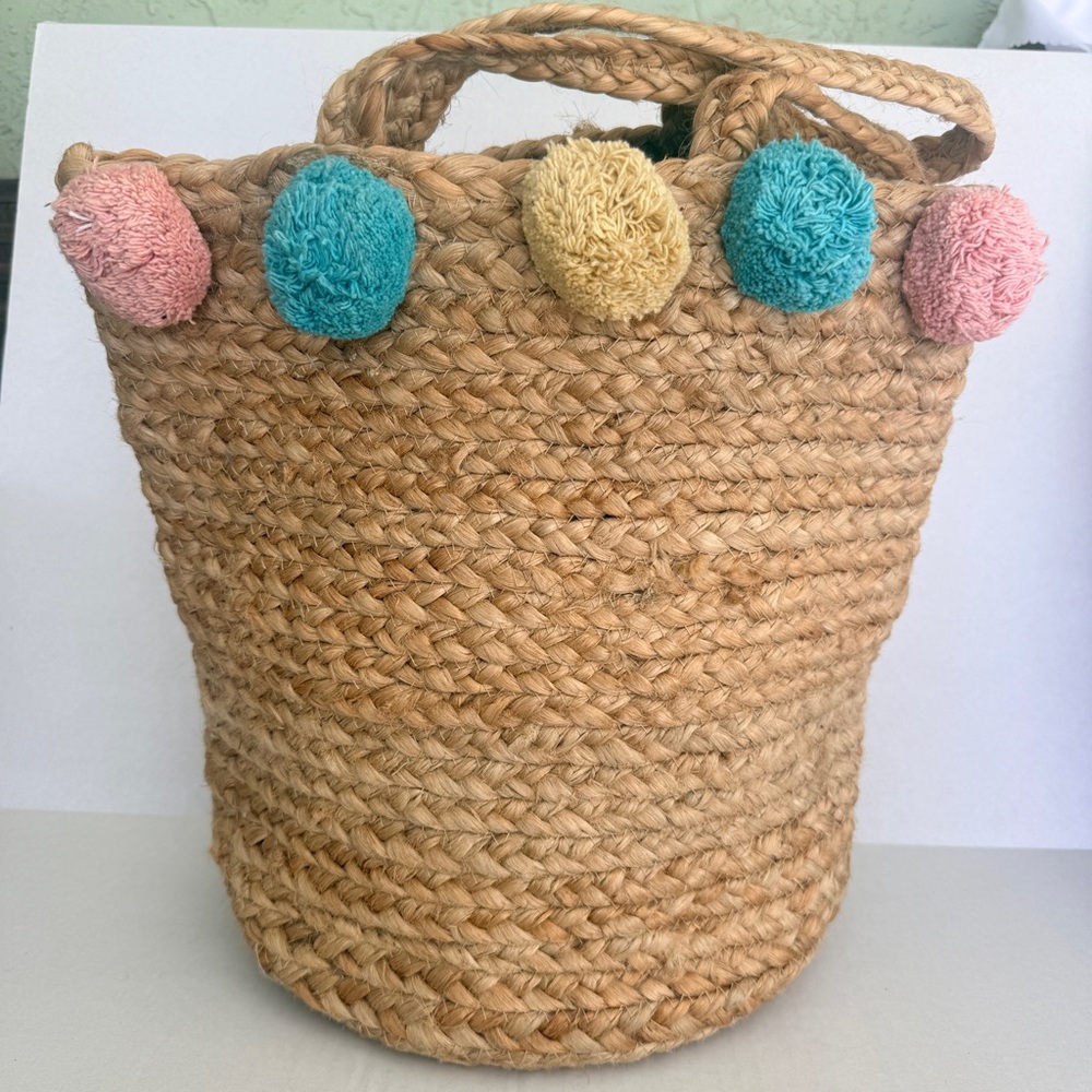 Woven Straw Tote Bag Pom Pom Trim Boho Beach Bag Natural Straw Handbag